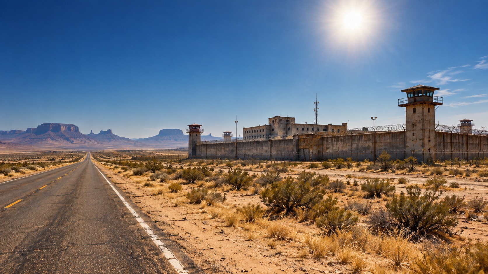 A weathered prison with guard towers and razor wire rising from a desert plain beside an empty highway under a bright sun